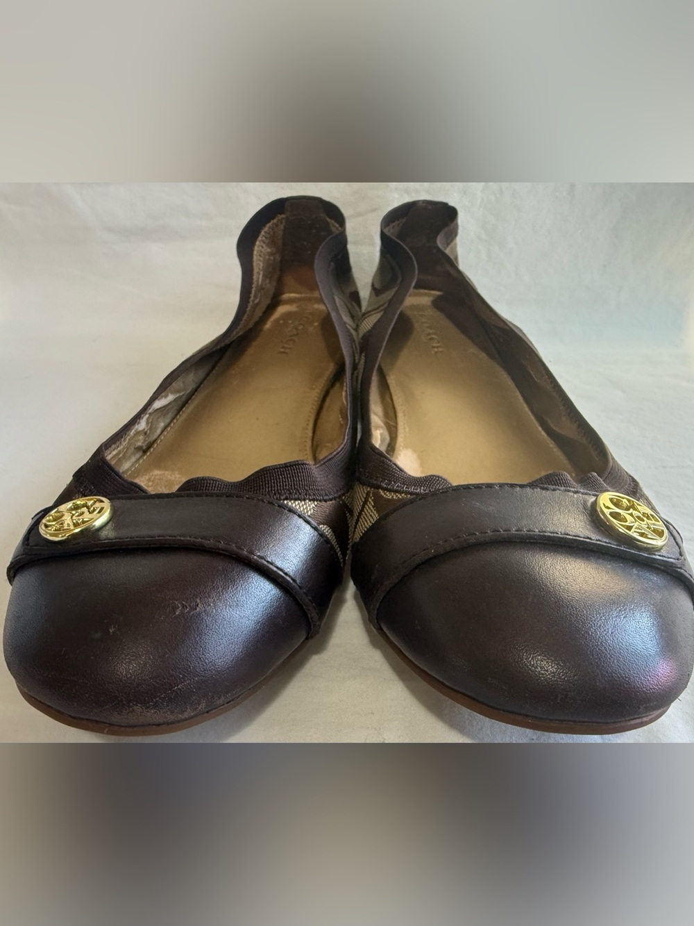 COACH Chelsey Ballet Flats Brown Signature Canvas Leather Cap Toe – Size 10